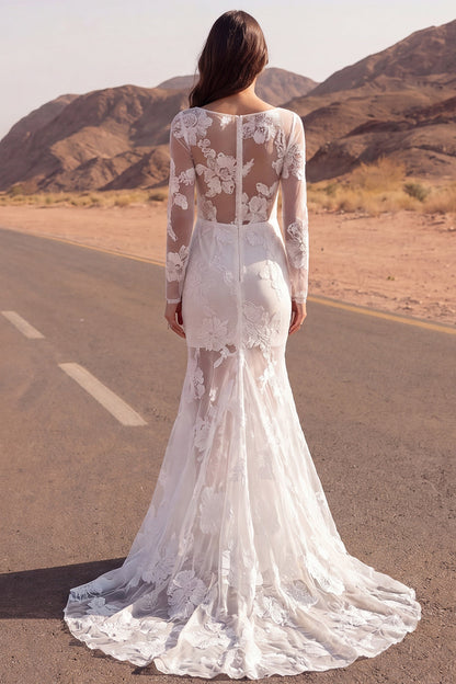Floral Ivory Boat Neck Mermaid Sweep Train Lace Boho Wedding Dress