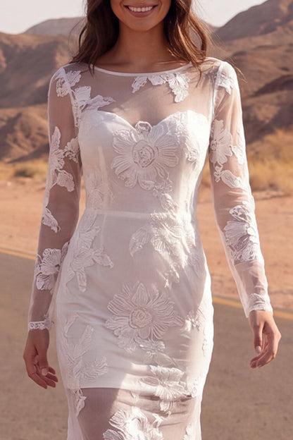 Floral Ivory Boat Neck Mermaid Sweep Train Lace Boho Wedding Dress