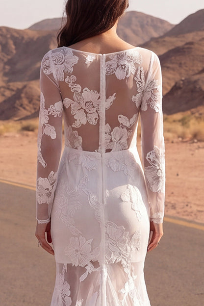 Floral Ivory Boat Neck Mermaid Sweep Train Lace Boho Wedding Dress