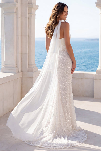 Corset Strapless Sparkly Ivory Beaded Mermaid Sweep Train Wedding Dress
