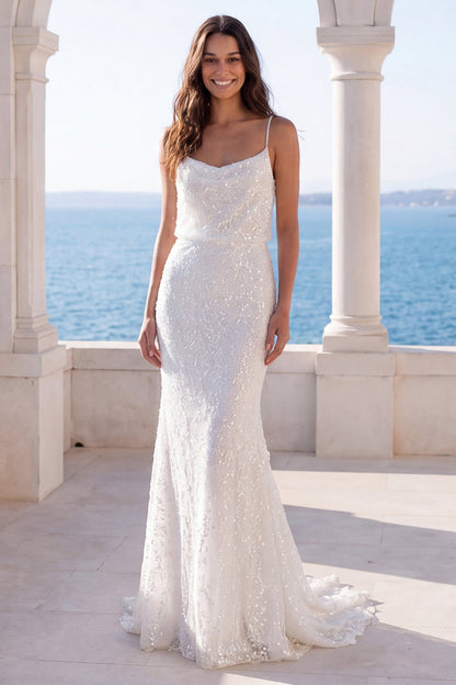 Spaghetti Straps Sparkly Ivory Sequin Mermaid Sweep Train Wedding Dress