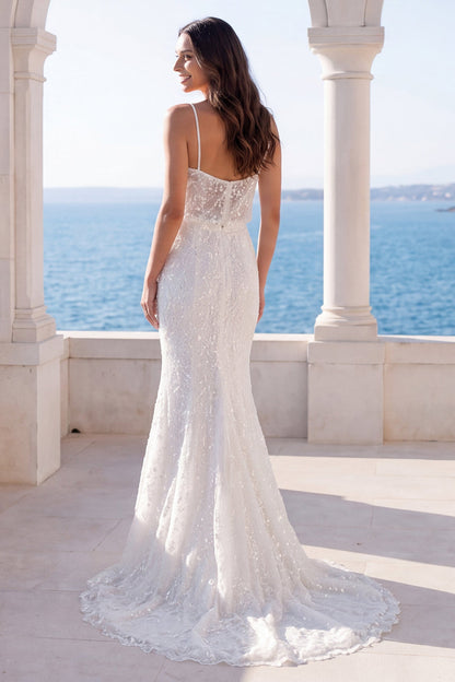 Spaghetti Straps Sparkly Ivory Sequin Mermaid Sweep Train Wedding Dress