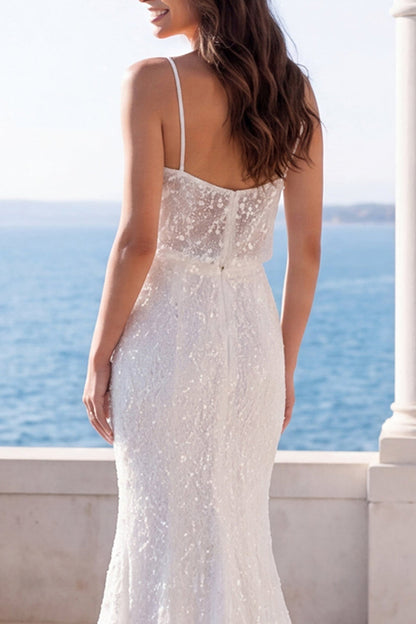 Spaghetti Straps Sparkly Ivory Sequin Mermaid Sweep Train Wedding Dress