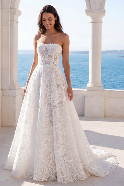 Ivory Strapless Floral Lace A Line Sweep Train Boho Wedding Dress