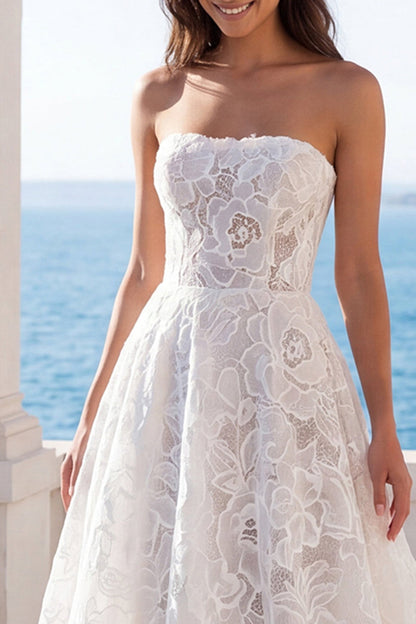 Ivory Strapless Floral Lace A Line Sweep Train Boho Wedding Dress