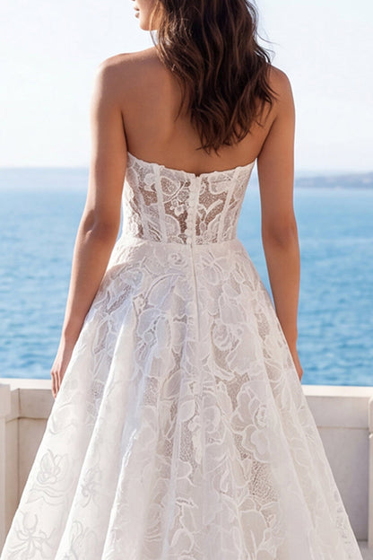 Ivory Strapless Floral Lace A Line Sweep Train Boho Wedding Dress