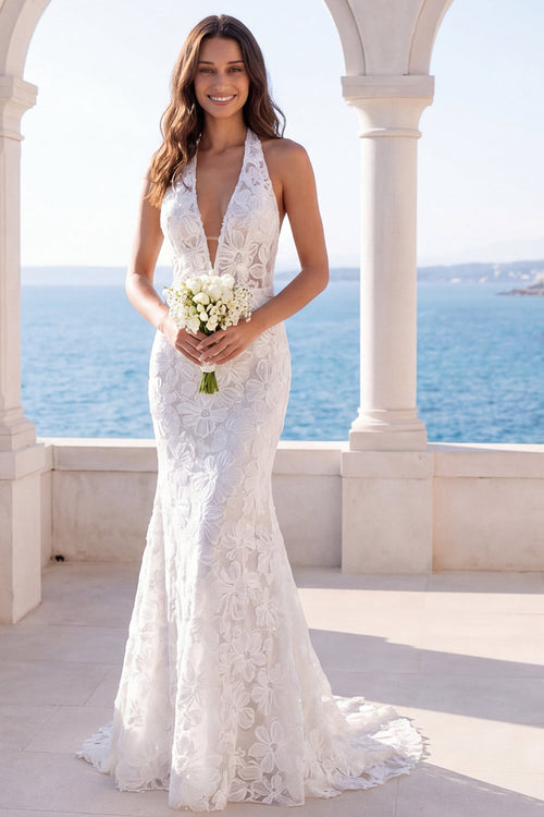 Mermaid Ivory Halter Backless Floral Lace Sweep Train Wedding Dress