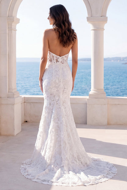 Mermaid Ivory Halter Backless Floral Lace Sweep Train Wedding Dress