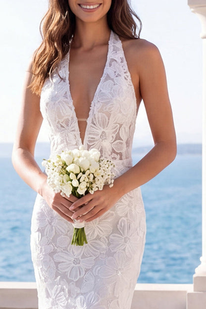Mermaid Ivory Halter Backless Floral Lace Sweep Train Wedding Dress