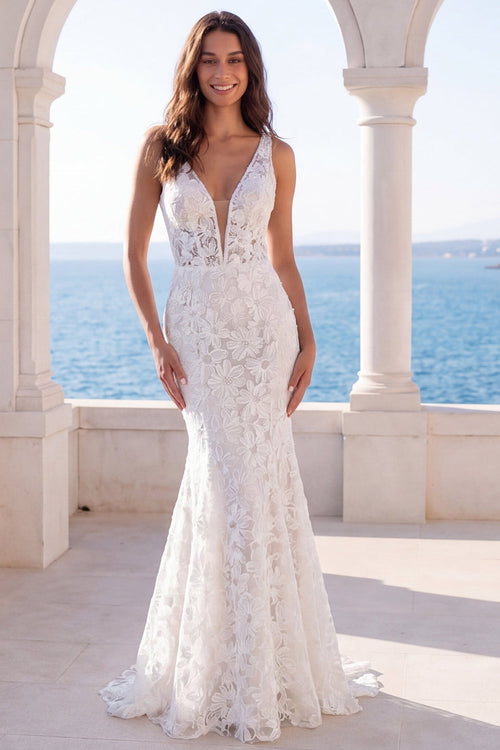 Mermaid Ivory V-Neck Floral Lace Sweep Train Boho Wedding Dress
