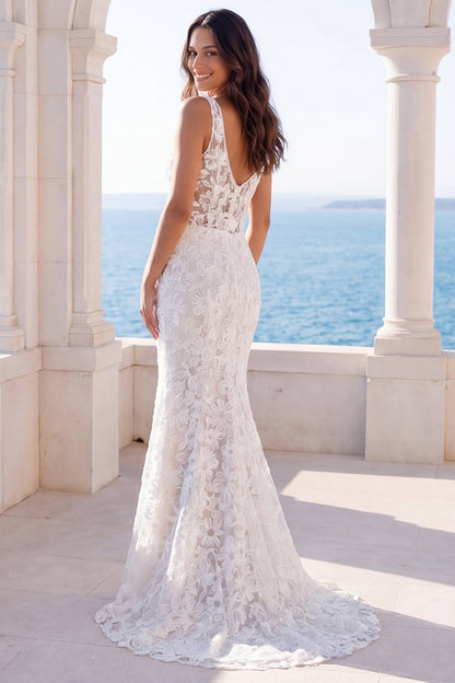 Mermaid Ivory V-Neck Floral Lace Sweep Train Boho Wedding Dress