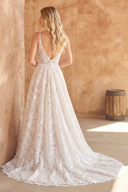 Ivory V-Neck Floral Lace A Line Sweep Train Boho Wedding Dress