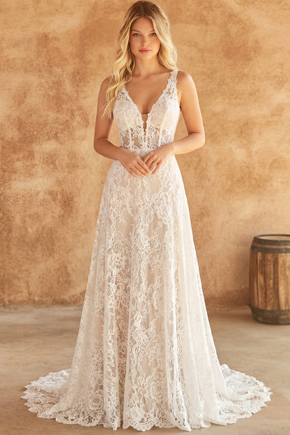 Corset Ivory V-Neck Floral Lace A Line Sweep Train Boho Wedding Dress