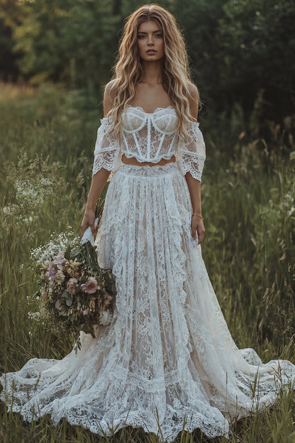 Corset Ivory 2 Piece Floral Lace A Line Sweep Train Boho Wedding Dress