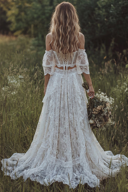 Corset Ivory 2 Piece Floral Lace A Line Sweep Train Boho Wedding Dress