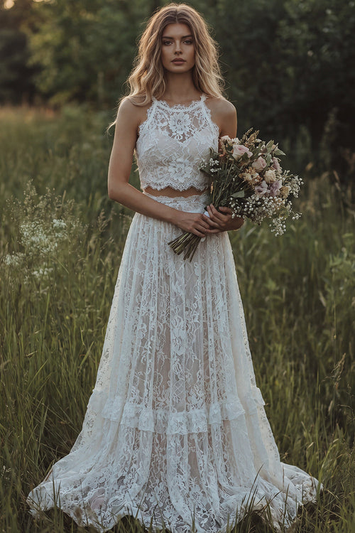 Round Neck Ivory 2 Piece Floral Lace A Line Sweep Train Boho Wedding Dress