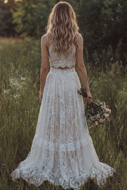 Round Neck Ivory 2 Piece Floral Lace A Line Sweep Train Boho Wedding Dress