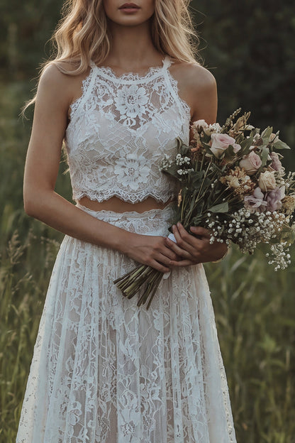 Round Neck Ivory 2 Piece Floral Lace A Line Sweep Train Boho Wedding Dress