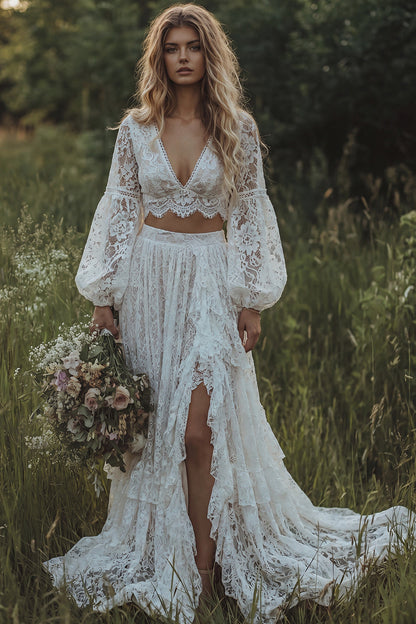 Ruffled Ivory 2 Piece Floral Lace A Line Sweep Train Boho Wedding Dress with Slit