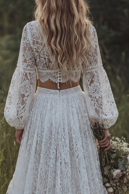 Ruffled Ivory 2 Piece Floral Lace A Line Sweep Train Boho Wedding Dress with Slit