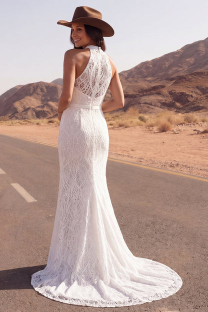 High Neck Ivory Lace Mermaid Sweep Train Boho Wedding Dress with Slit