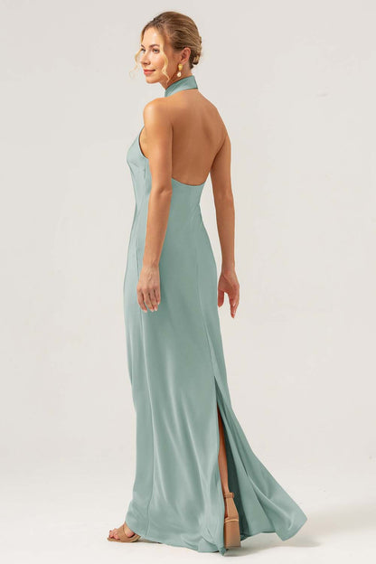 Champagne Halter Long Bridesmaid Dress with Back Slit