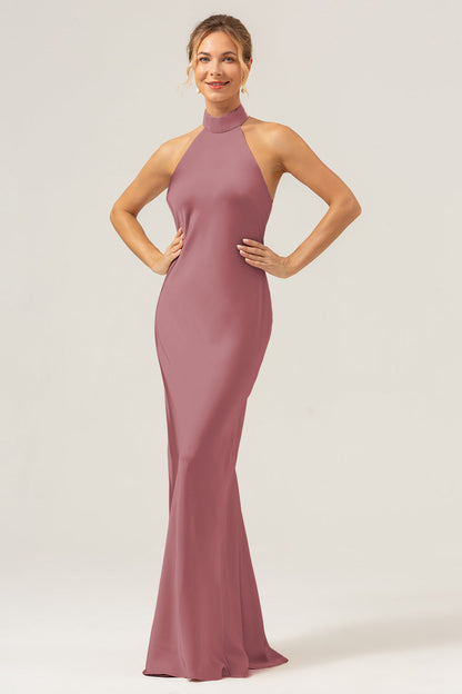 Champagne Halter Long Bridesmaid Dress with Back Slit