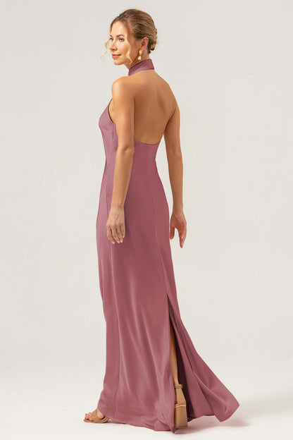 Champagne Halter Long Bridesmaid Dress with Back Slit