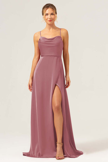 Martini Spaghetti Straps Swing Collar Long Bridesmaid Dress with Slit