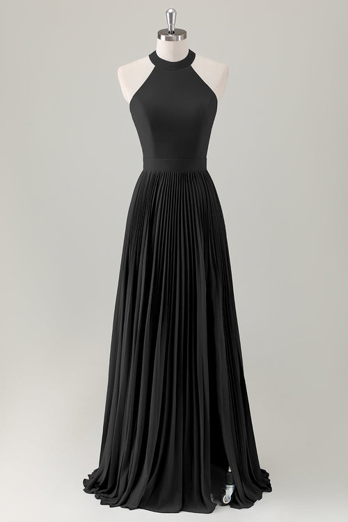 Dark Green A-Line Halter Long Bridesmaid Dress with Slit