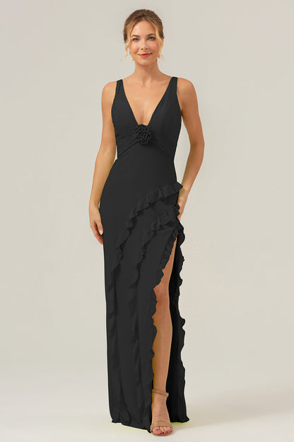 Lime Deep V Neck Ruffles Long Bridesmaid Dress with Slit