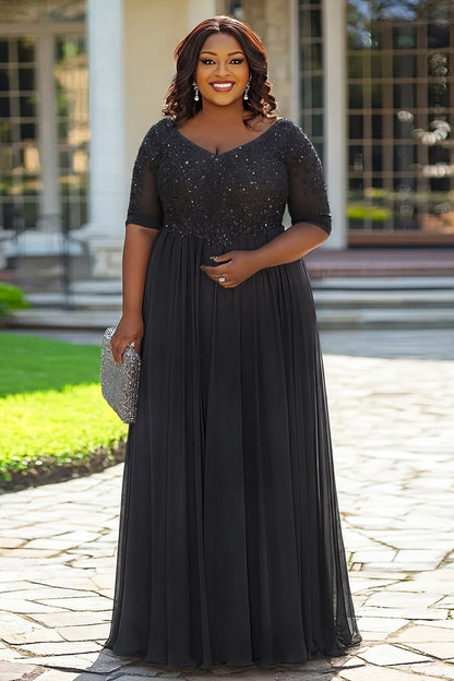 Grey A Line Appliqued Plus Size Long Mother of the Bride Dress