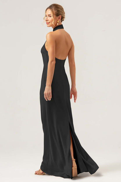 Champagne Halter Long Bridesmaid Dress with Back Slit
