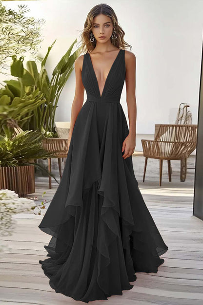 Orange Chiffon Deep V-Neck Long Wedding Guest Dress with Ruffles
