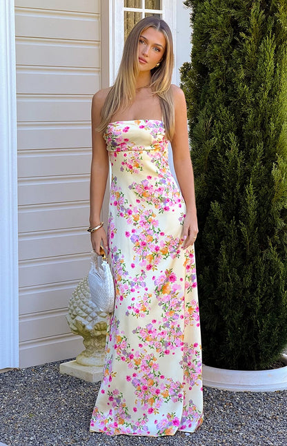 Blaise Yellow Bloom Satin Maxi Dress