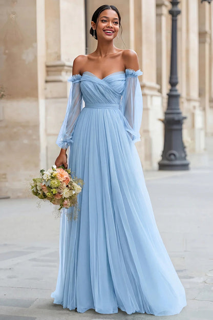 Eucalyptus Off the Shoulder Tulle A-Line Long Bridesmaid Dress with Sleeves