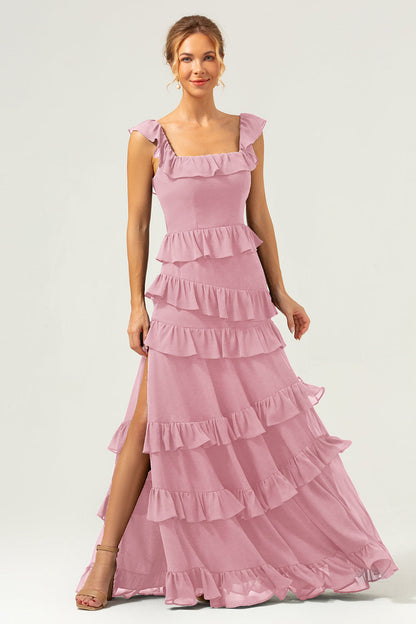 Dark Navy A-Line Ruffleed Chiffon Long Bridesmaid Dress with Slit