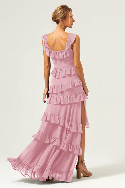 Dark Navy A-Line Ruffleed Chiffon Long Bridesmaid Dress with Slit