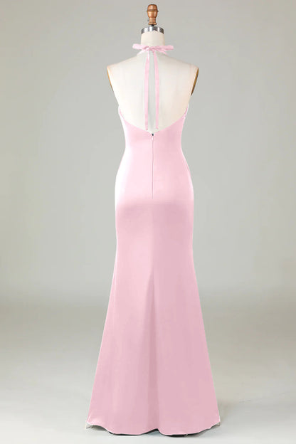 Blushing Pink Sheath Halter Satin Long Bridesmaid Dress