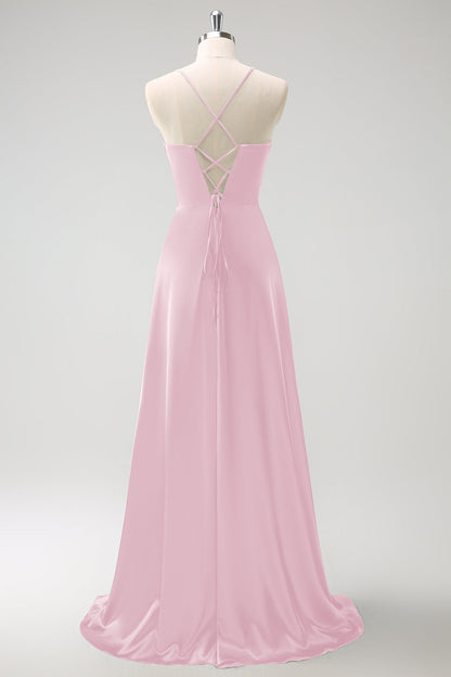 Burgundy A-Line Ruched Lace-Up Back Satin Long Bridesmaid Dress