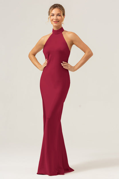 Champagne Halter Long Bridesmaid Dress with Back Slit
