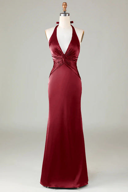 Dusty Sage Satin Sheath Halter Long Bridesmaid Dress