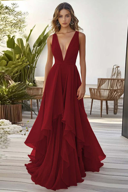 Orange Chiffon Deep V-Neck Long Wedding Guest Dress with Ruffles