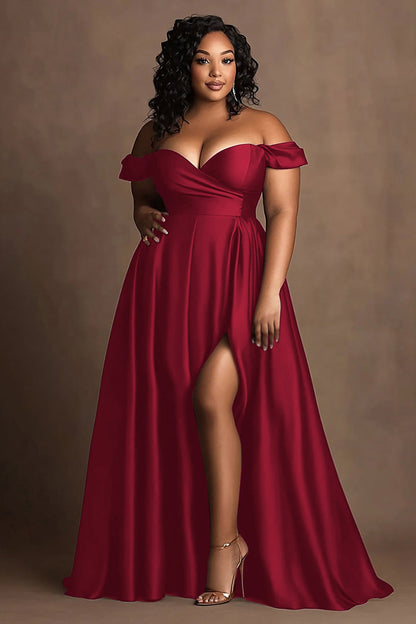Off the Shoulder Navy Plus Size Long Satin Formal Dress with Slit