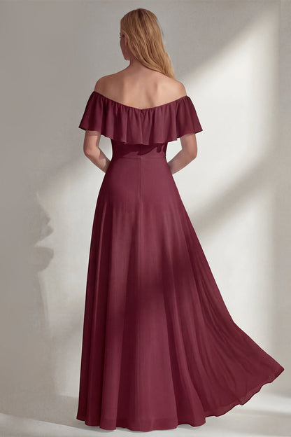 Off the Shoulder A Line Ruffled Sage Green Long Beach Bridesmaid Dress with Slit