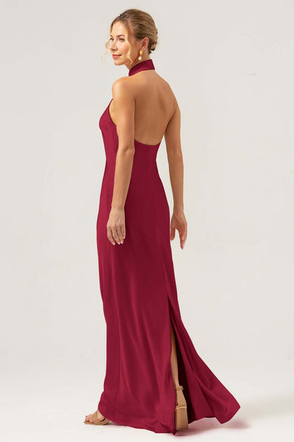 Champagne Halter Long Bridesmaid Dress with Back Slit