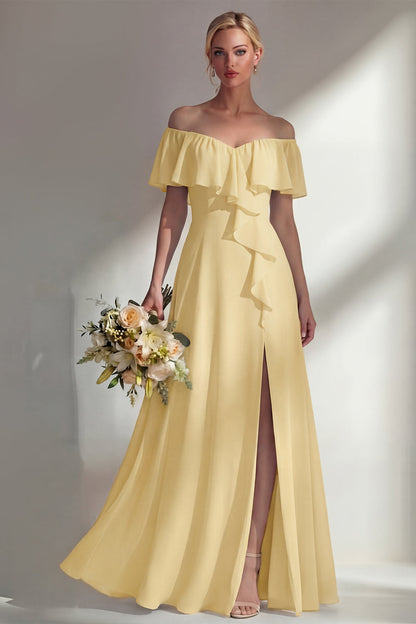 Off the Shoulder A Line Ruffled Sage Green Long Beach Bridesmaid Dress with Slit