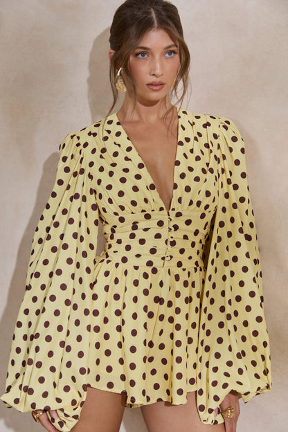 Laurel | Lemon Polka Dot V-Neck Balloon Sleeve Playsuit