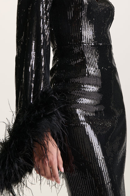 Cosmic Star | Black Sequin High-Neck Maxi Dress With Feather Cuffs