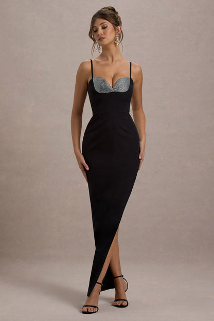 Ignacia | Black Asymmetric Maxi Dress With Embellished Sequin Detail
